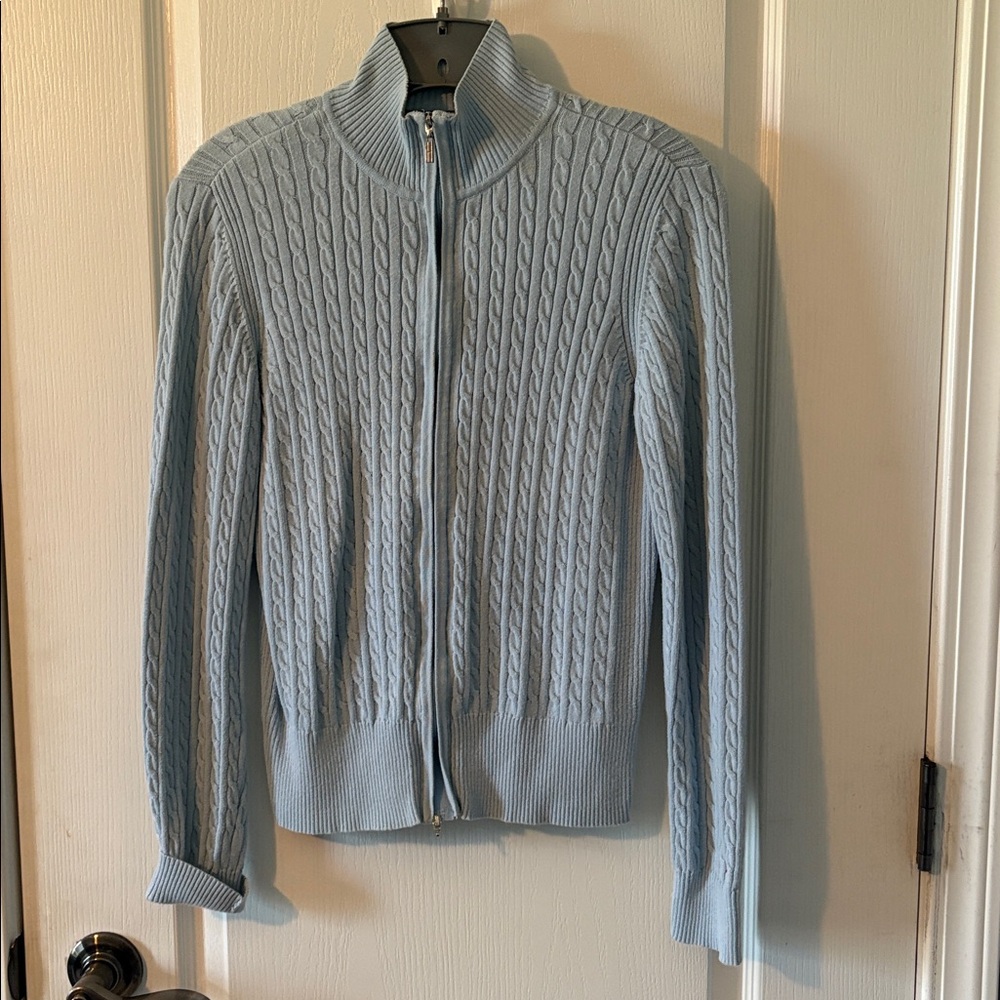 Light Blue Cable Knit Zip-Up Sweater